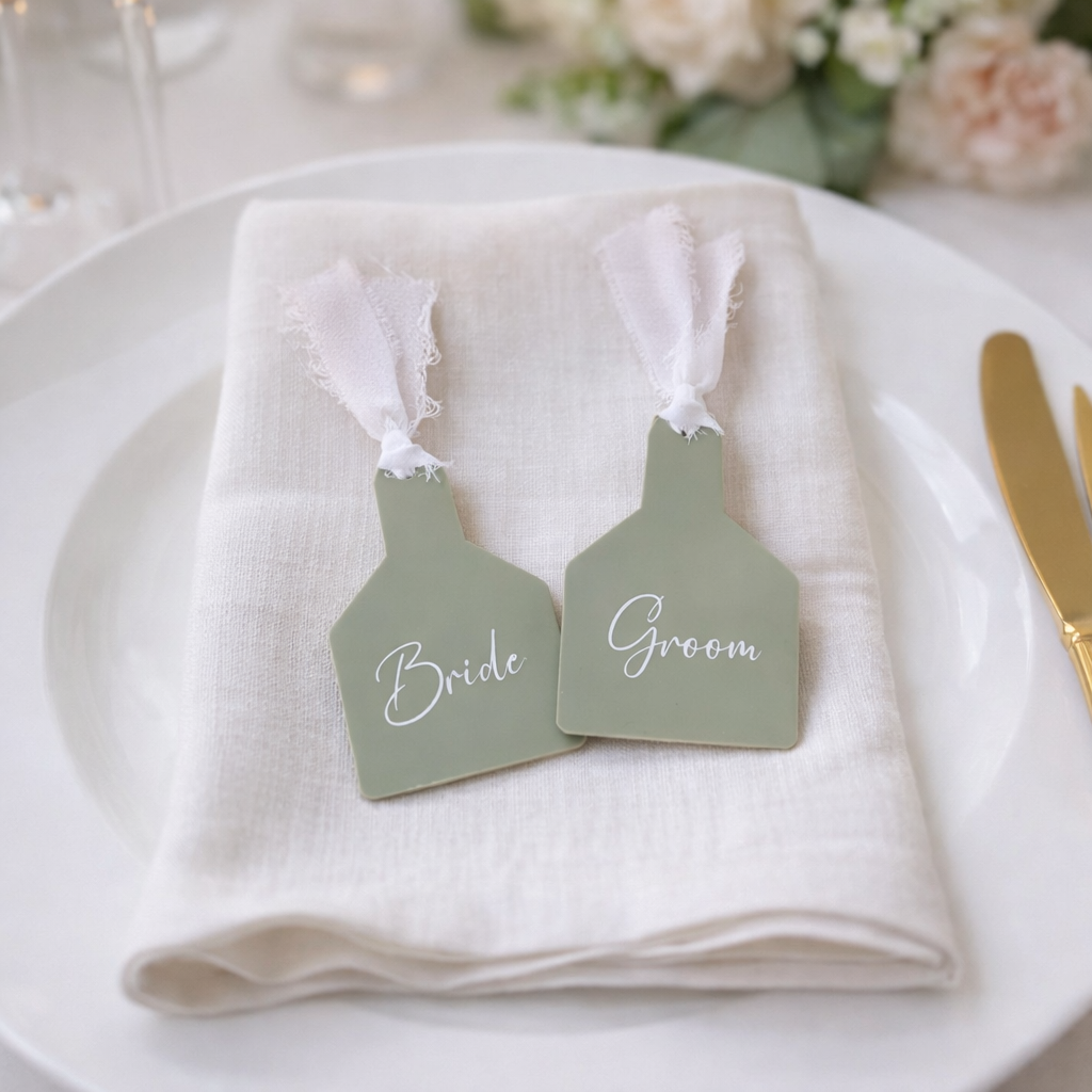 Cow Tag Wedding Place Settings - Sage Green