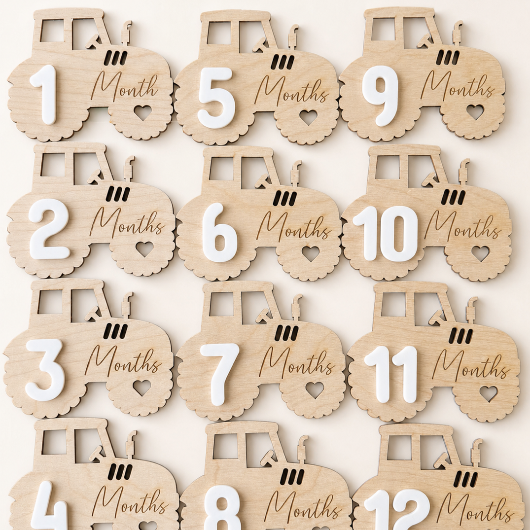 Wooden baby milestone cards with numbers 1 to 12 months 