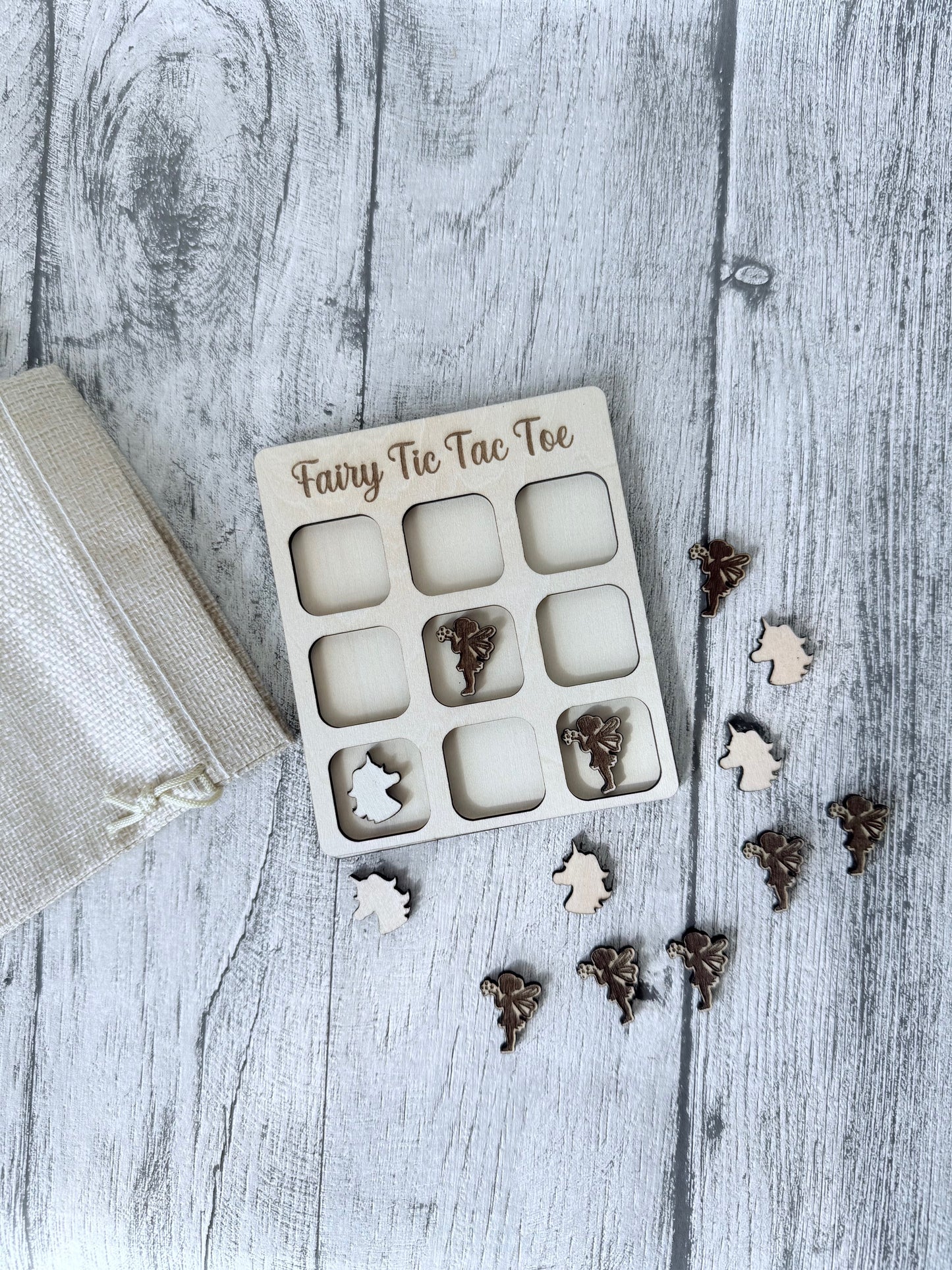 Handcrafted Wooden Tic Tac Toe Travel Game: Fairy Edition