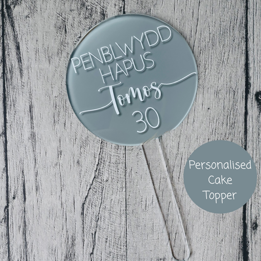 Welsh Penblwydd Hapus Cake Topper - Grey