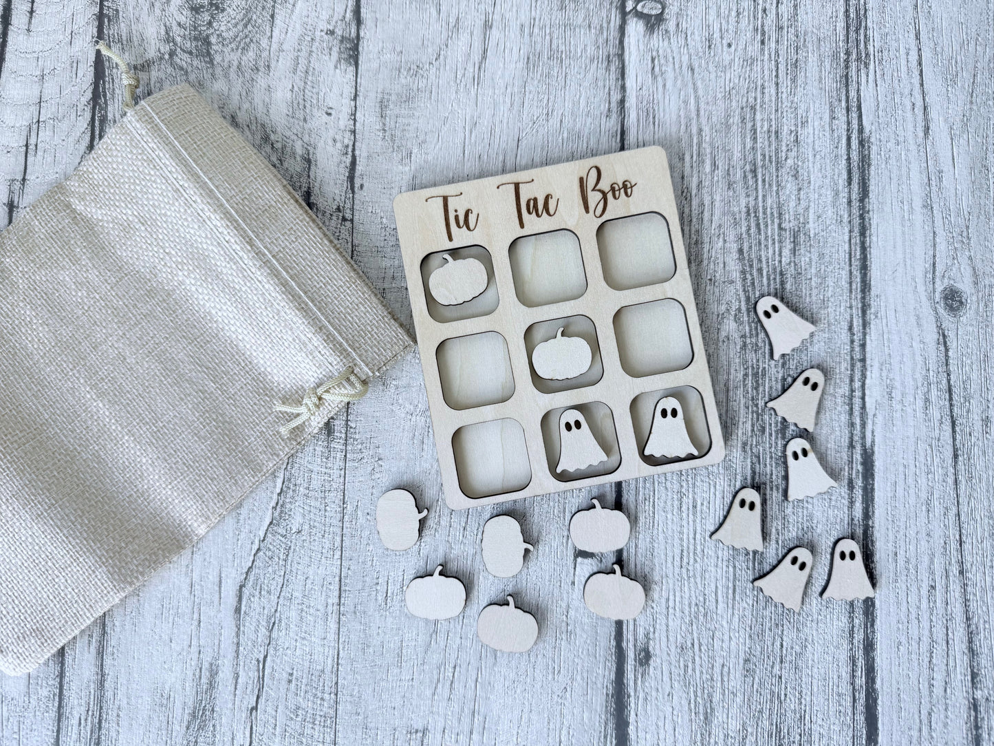 Handcrafted Wooden Tic Tac Toe Travel Game: Halloween Edition
