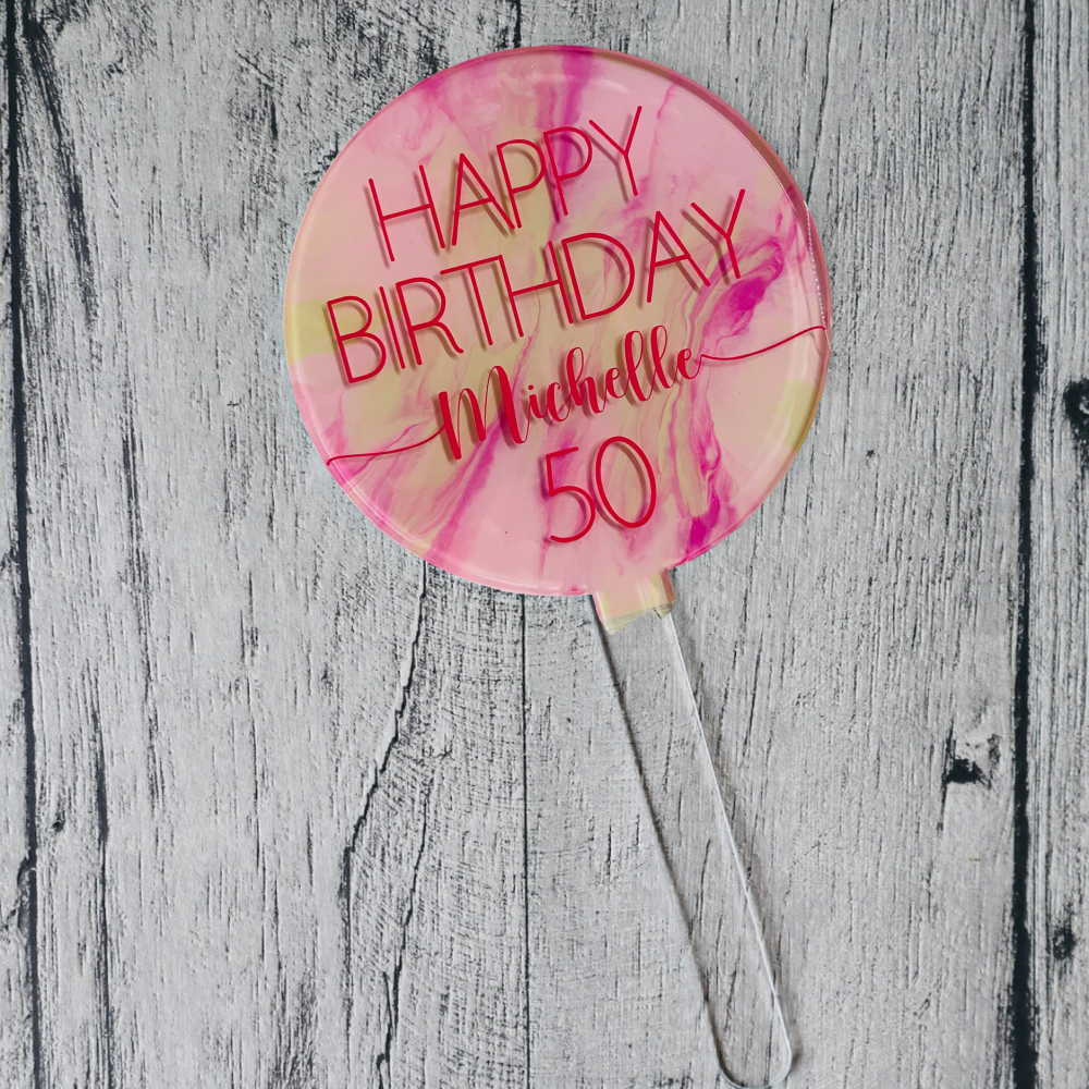 Penblwydd Hapus cake topper - Cream & Pink Marble Effect