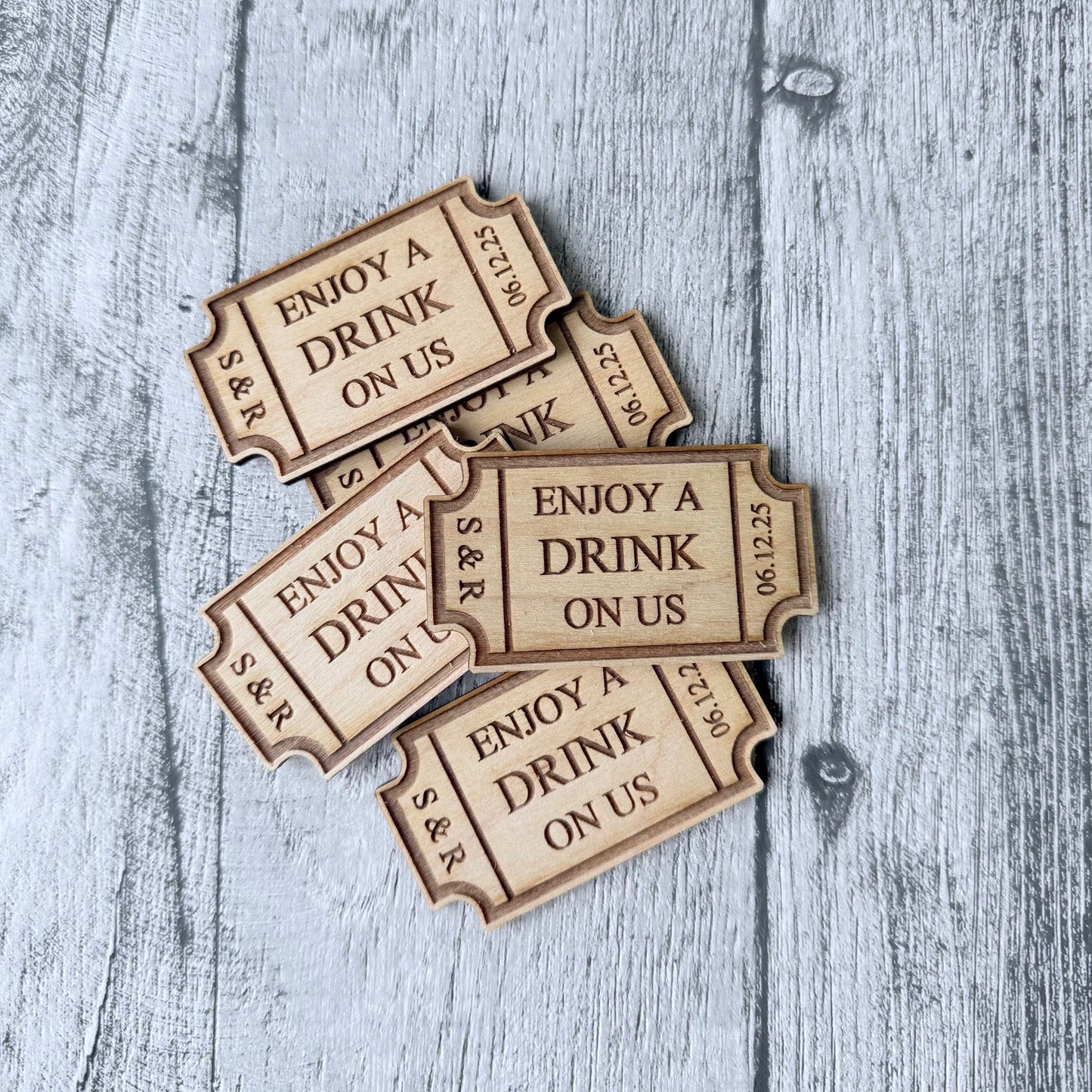 Personalised Wooden Wedding Drink Tickets – “Enjoy a Drink on Us”