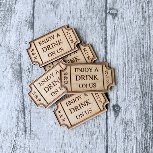 Personalised Wooden Wedding Drink Tickets – “Enjoy a Drink on Us”