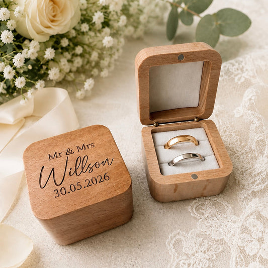 Wooden ring box with engraved names and date, containing wedding rings