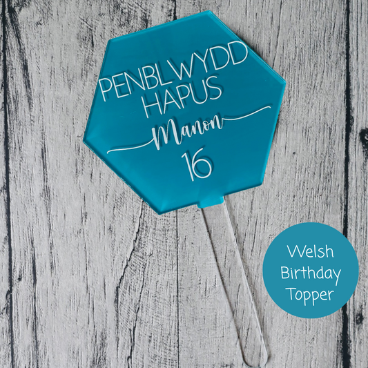Turquoise Hexagon Penblwydd Hapus cake topper