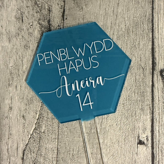 Turquoise Hexagon Penblwydd Hapus cake topper
