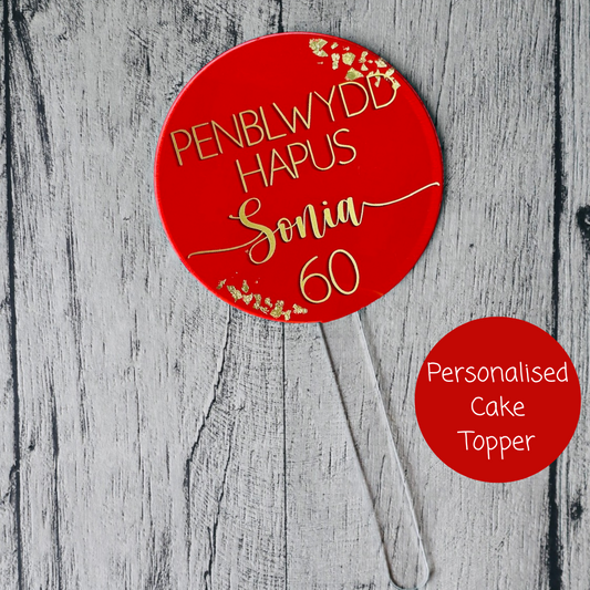 Penblwydd Hapus Cake Topper - Red with Gold Foil