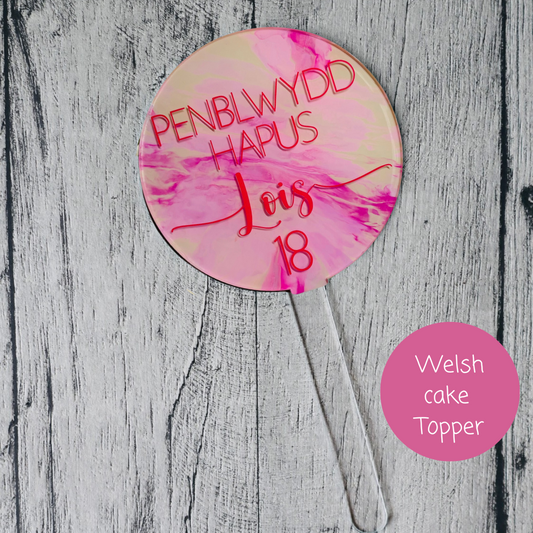 Penblwydd Hapus cake topper - Cream & Pink Marble Effect