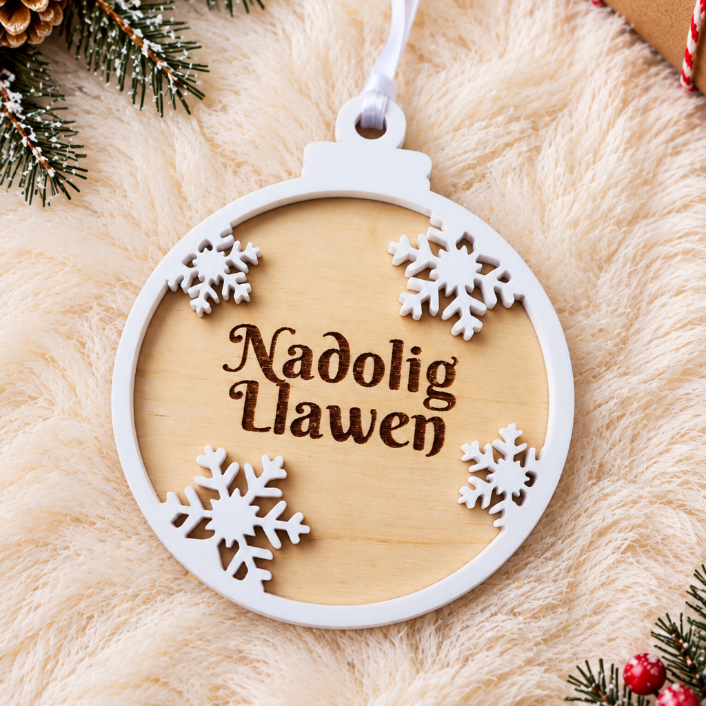 A round wooden Christmas ornament with a white outer frame and hanging loop, featuring the engraved text 'Nadolig Llawen' and snowflake cutouts, displayed on a beige faux-fur surface with holiday greenery and a wrapped gift.